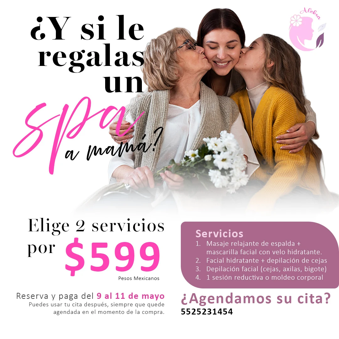 Anuncio promocional de Aleksa Spa para el Día de la Madre utilizado en Facebook Ads