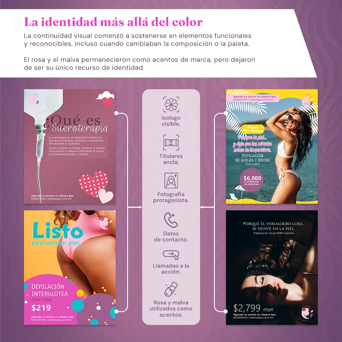 Evolución de la identidad de Aleksa Spa más allá del uso constante del color