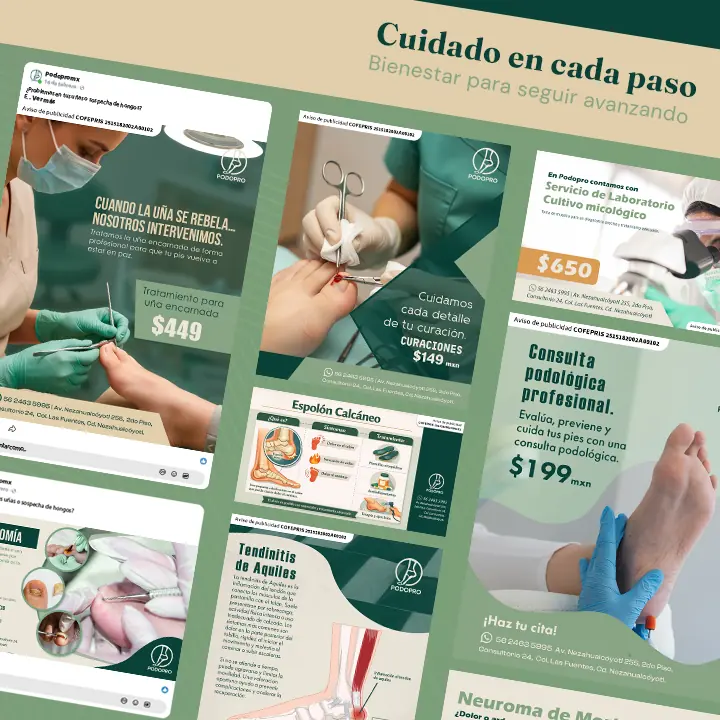 Composición de publicaciones de Podopro sobre servicios, procedimientos y orientación clínica