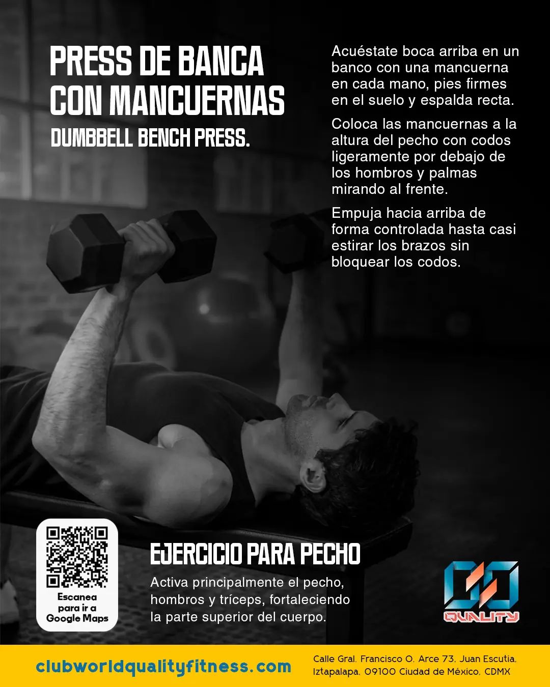 Publicación informativa sobre press de banca con mancuernas para Club World Quality Fitness