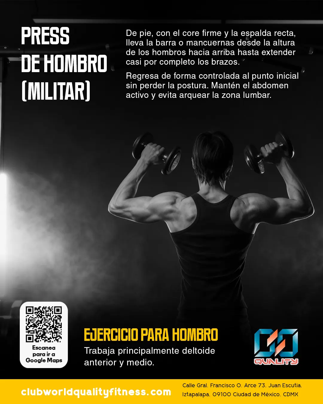 Publicación informativa sobre press militar para Club World Quality Fitness
