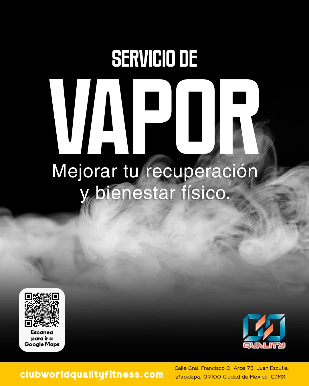 Publicación promocional del servicio de vapor de Club World Quality Fitness