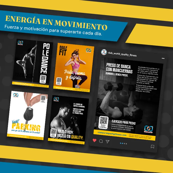 Composición de publicaciones creadas para Club World Quality Fitness