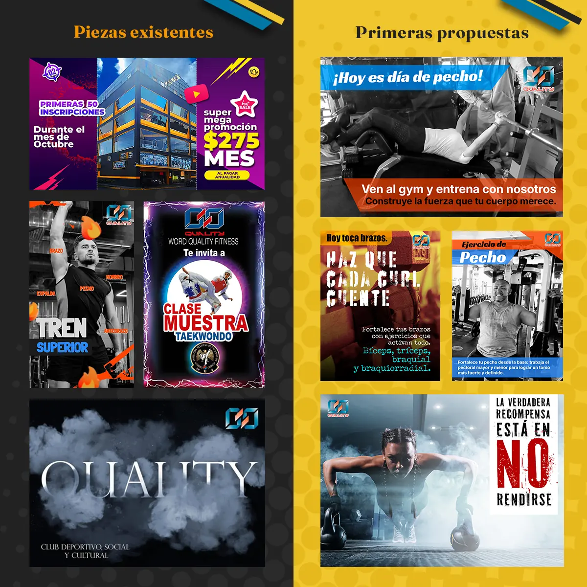 Comparación entre las piezas existentes de Quality Fitness y las primeras propuestas desarrolladas para la marca