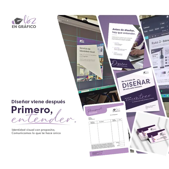 Composición de Voz en Gráfico con el mensaje Primero, entender y aplicaciones de la identidad visual