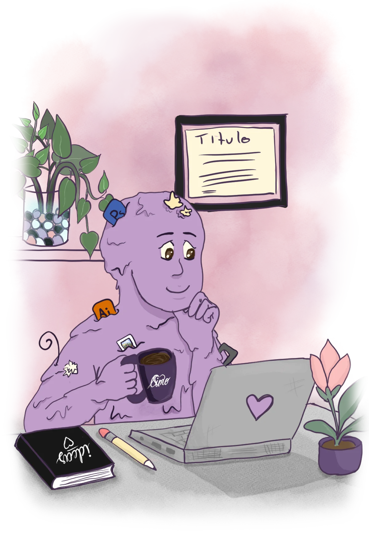 Ilustración de Liz trabajando frente a su computadora