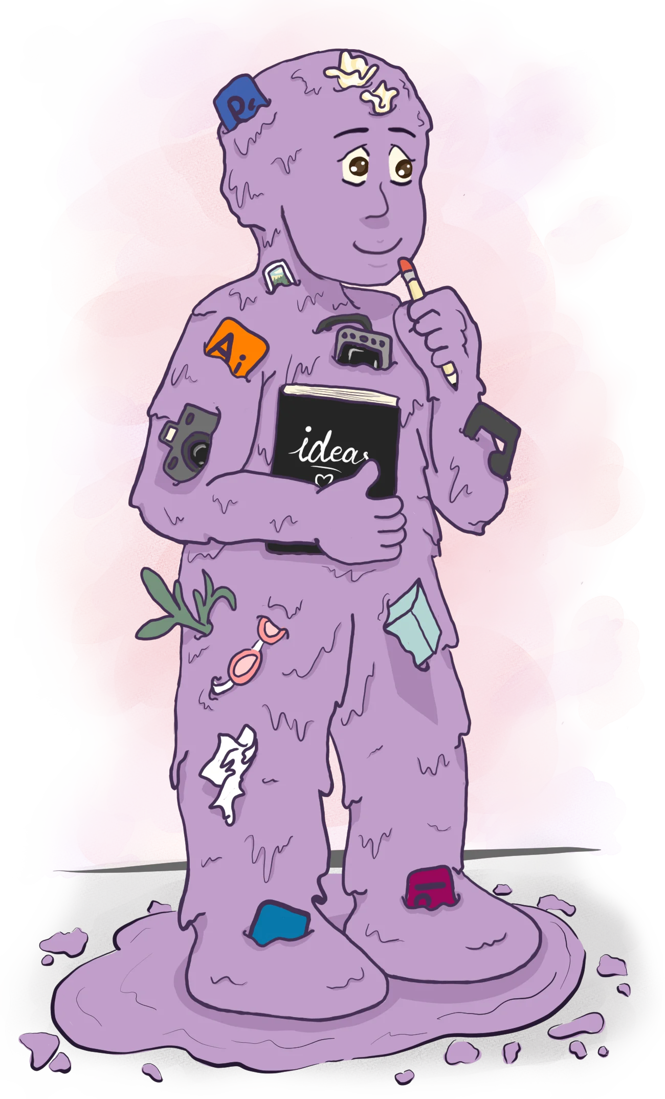 Personaje ilustrado de Lizbeth rodeado de elementos creativos