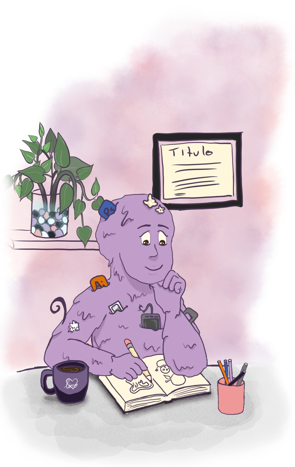 Ilustración de Lizbeth dibujando en una libreta
